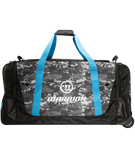 A black and gray camouflage patterned roller bag with blue straps and the Warrior brand logo on the side.