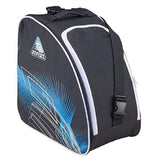A black Jackson figure skate bag with blue geometric patterns, featuring a zippered pocket and shoulder strap.