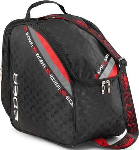 Black and red Edea backpack with visible branding on a white background