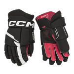 Pair of black and red hockey gloves with CCM branding on a transparent background