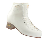 White figure skating boot with 'Overture' branding on a white background