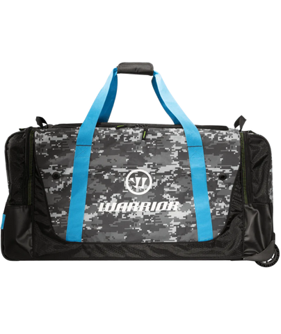 A black and gray camouflage patterned roller bag with blue straps and the Warrior brand logo on the side.