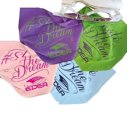 A set of Edea Blade Towels in various colors including pink, green, blue, and purple, each with the text '#TheDream Edea' printed on them. The towels are designed to clean figure skate blades.