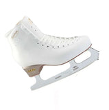 A single white Edea Overture junior figure skate with Rotation blades attached to the boot.