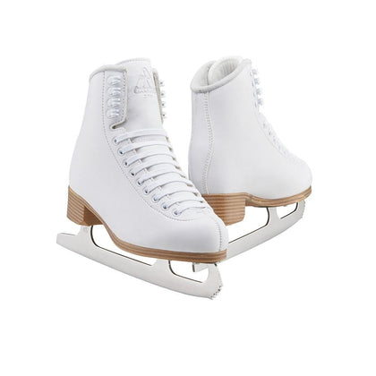 A pair of white Jackson JC200 junior classic figure skates with laces and Mark I blade.